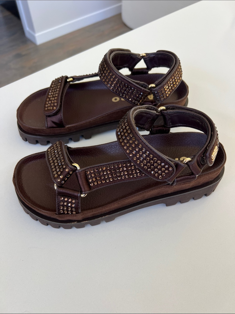 Sandro brown rhinestone embellished open toe sandals 39